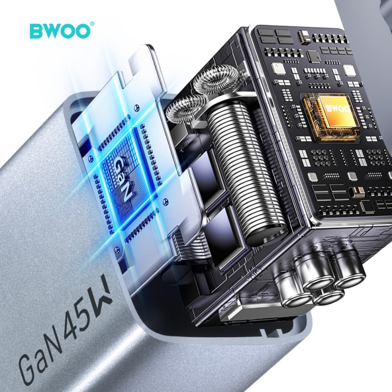 BWOO мрежово зарядно GaN BO-CDA240 1xUSB-A + 1xUSB-C 3A PD 45W + QC 18W, сиво, с PPS