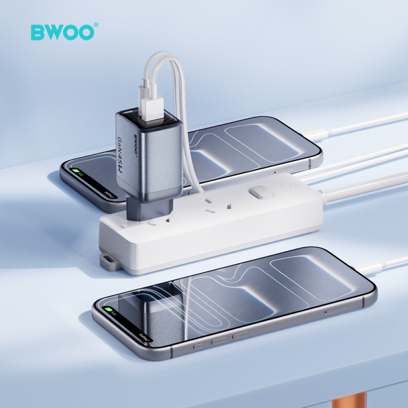BWOO мрежово зарядно GaN BO-CDA240 1xUSB-A + 1xUSB-C 3A PD 45W + QC 18W, сиво, с PPS