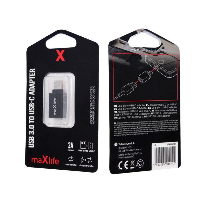 Адаптер Maxlife, USB 3.0 към Type C, Черен