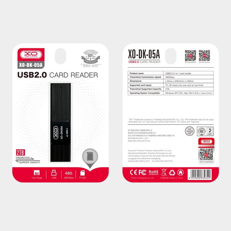 Адаптер XO DK05A USB card reader 2in1 SD и micro SD, Черен