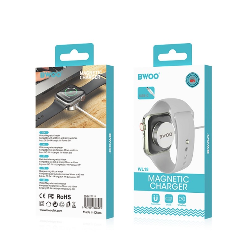 Безжично магнитно зарядно за Apple Watch BWOO 5W WL-18 с Type-C кабел, Бял