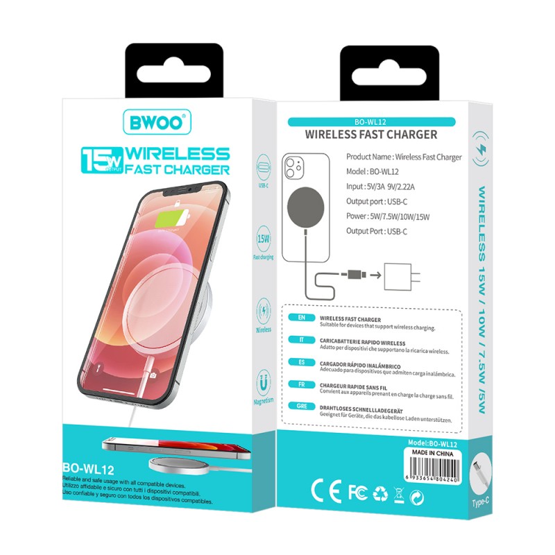 Безжично зарядно устройство BWOO WL-12 PD MagSafe, 15W, Бяло