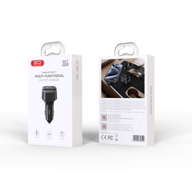 FM Трансмитер за кола XO BCC17 Bluetooth MP3 car charger 30W, Черен