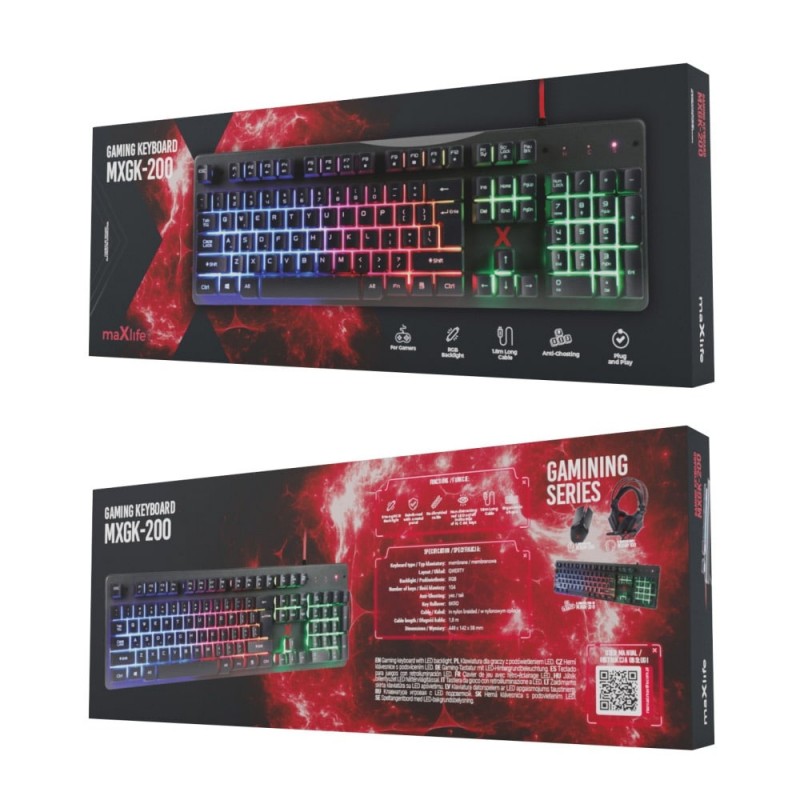 Геймърска светеща клавиатура за компютър Maxlife Gaming MXGK-200, RGB, с кабел 1.8м, Черна
