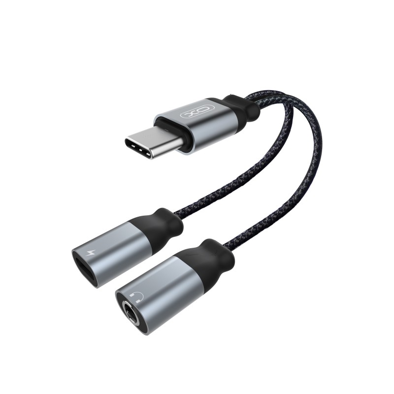 Кабел AUX splitter XO, Type C към женски 3.5 жак и женско Type C, Черен
