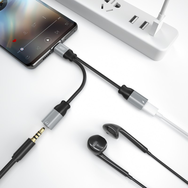Кабел AUX splitter XO, Type C към женски 3.5 жак и женско Type C, Черен