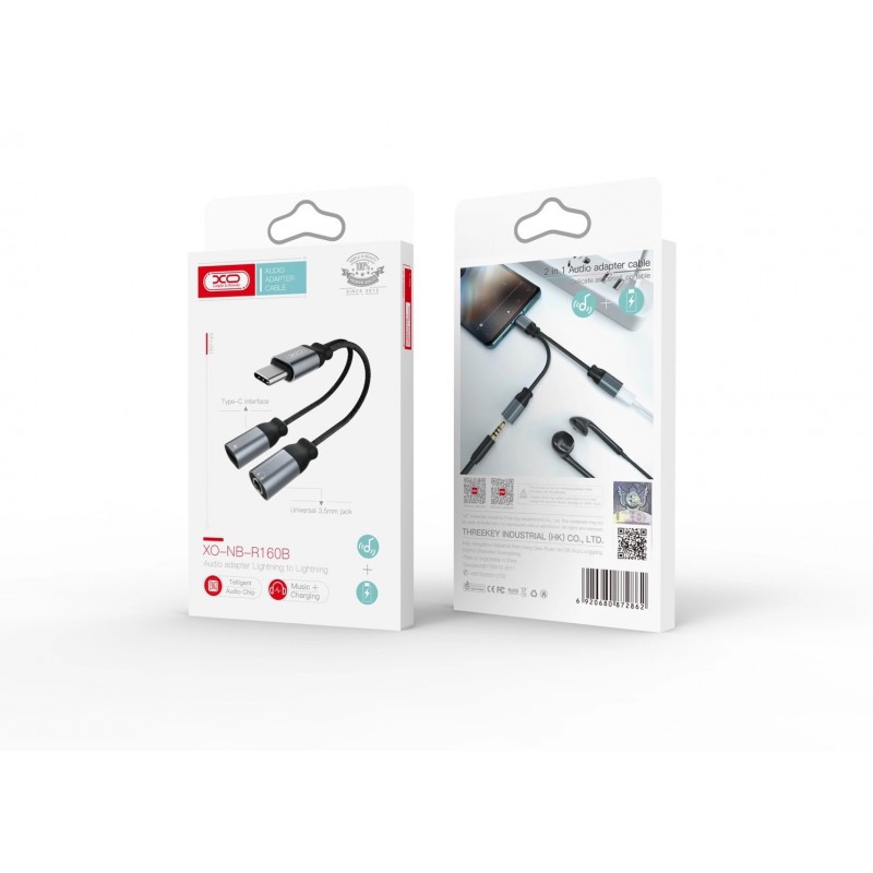 Кабел AUX splitter XO, Type C към женски 3.5 жак и женско Type C, Черен