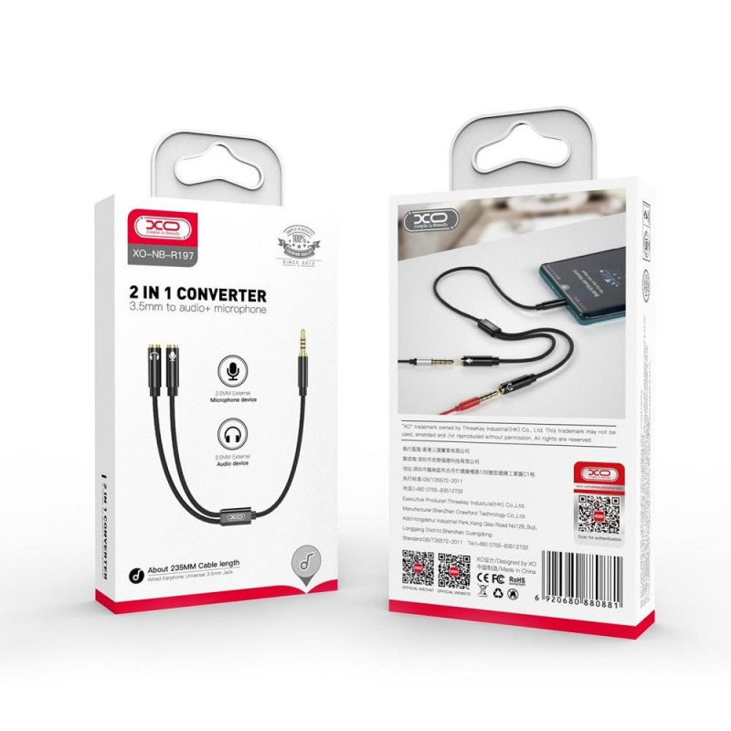 Кабел AUX XO NB-R197 2 в 1 splitter microphone/ 3.5 жак, Черен