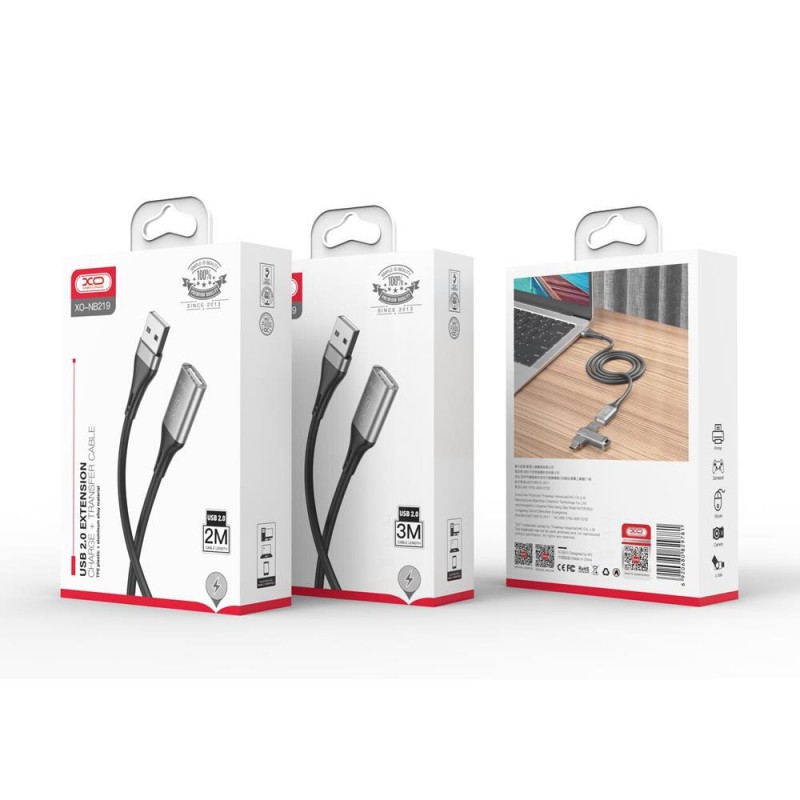 Кабел USB XO NB219, Удължител към женско USB 2.0, 3м в кутия, Черен