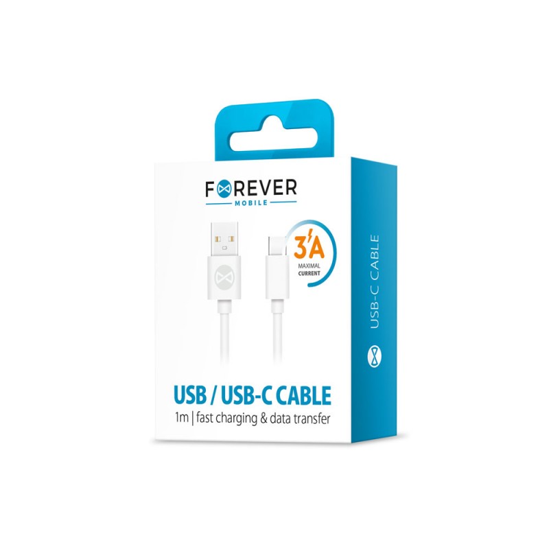 Кабел USB Forever 1м 3A в кутия, Type C, Бял