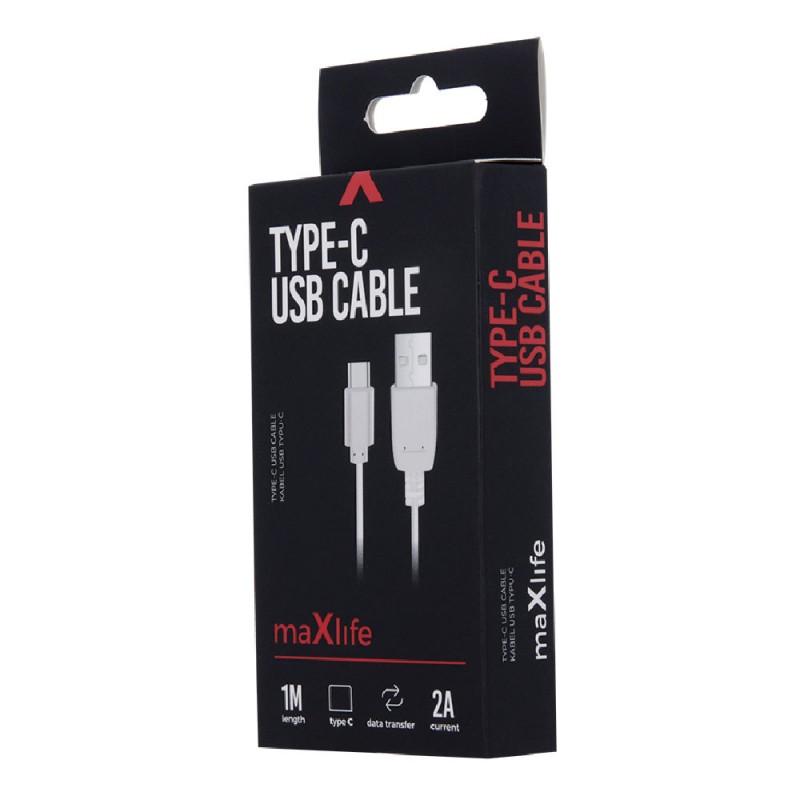 Кабел USB Maxlife 1м в кутия 2A, Type C, Бял