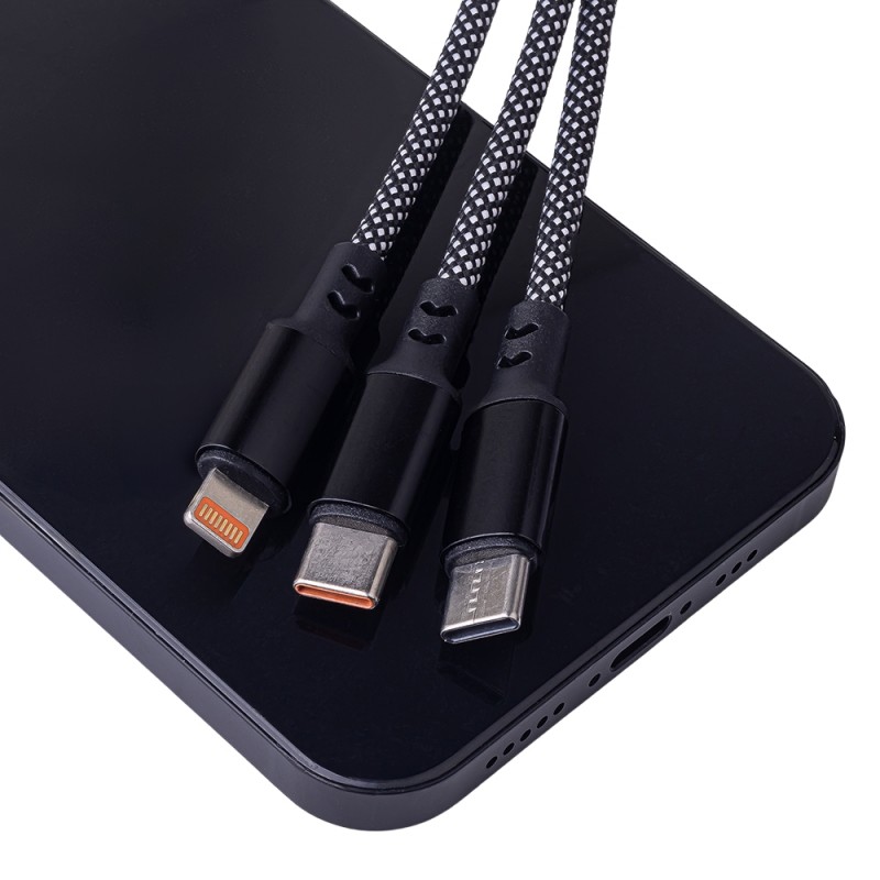 Кабел USB + Type C Maxlife ALLin1 Lightning + 2x USB-C 1,0 m 66W, Черен