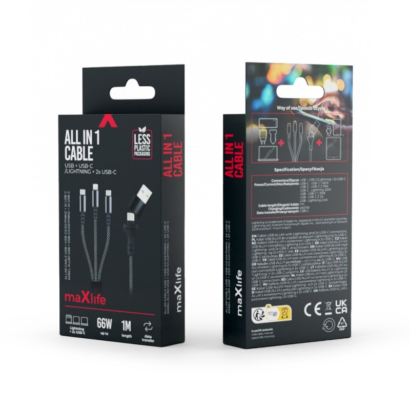 Кабел USB + Type C Maxlife ALLin1 Lightning + 2x USB-C 1,0 m 66W, Черен