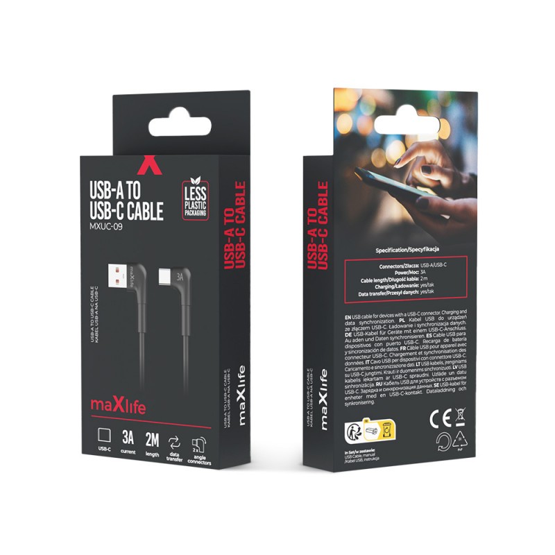 Кабел USB-A - USB-C ъглов, Maxlife MXUC-09 2м 3A, Черен