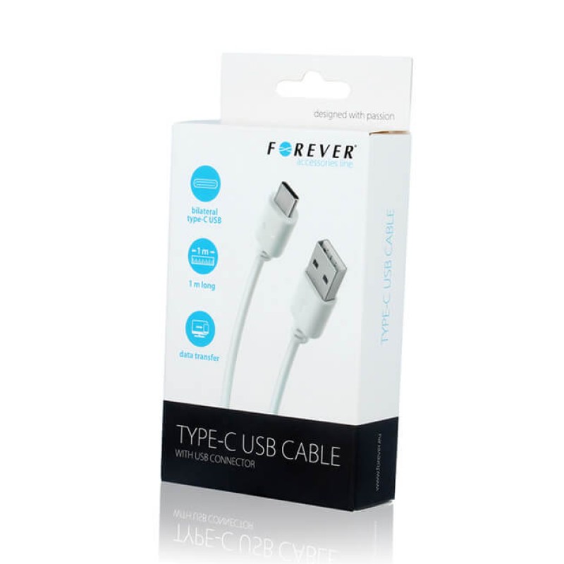 Кабел USB Forever 1м 2A в кутия, Type C, Бял
