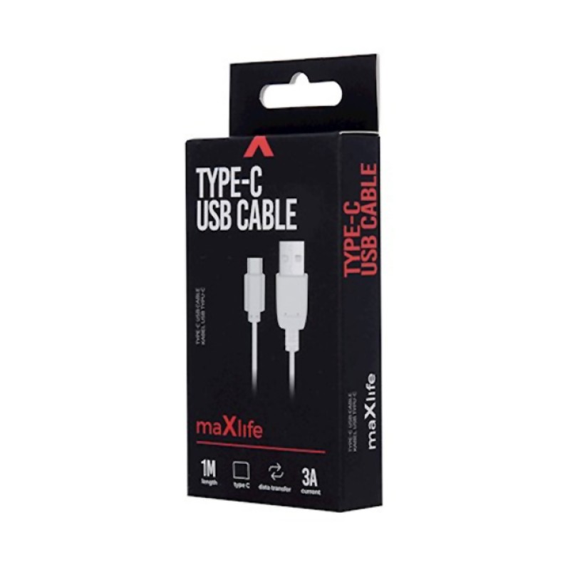 Кабел USB Maxlife 1м в кутия 3A, Type C, Бял