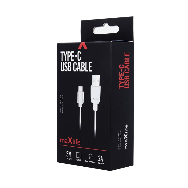 Кабел USB Maxlife 3м в кутия 2A, Type C, Бял