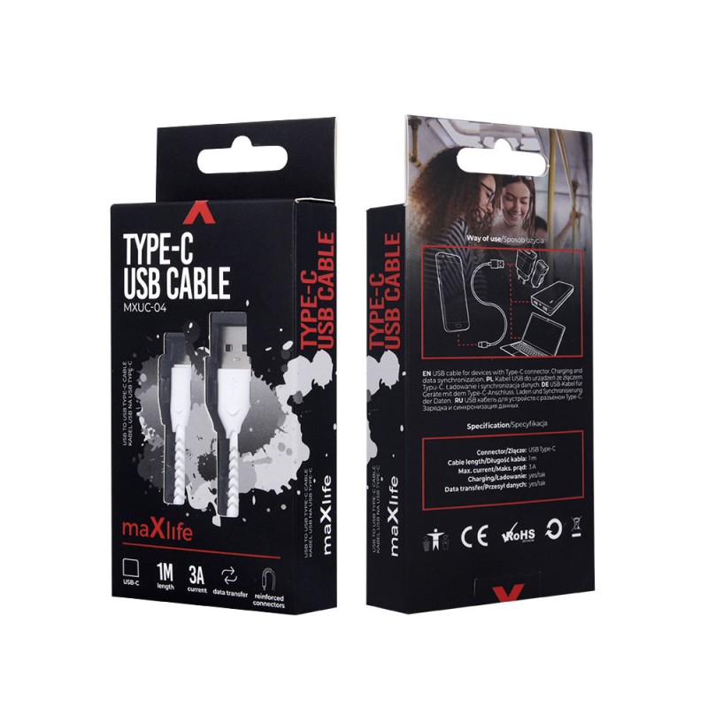 Кабел USB Maxlife MXUC-04 1м в кутия 3A с подсилени конектори, Type C, Бял