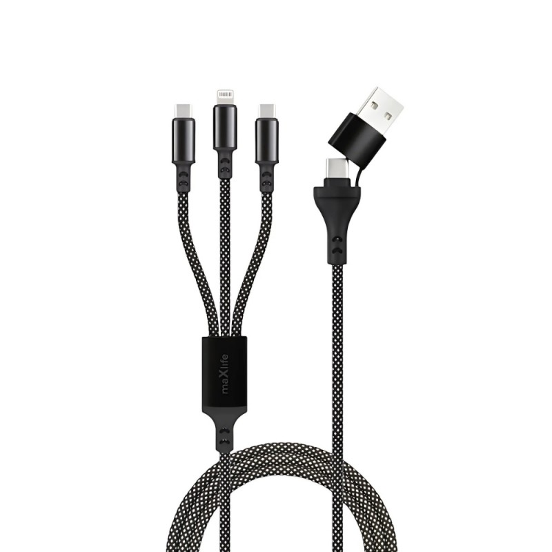 Кабел USB + Type C Maxlife ALLin1 Lightning + 2x USB-C 1,0 m 66W, Черен