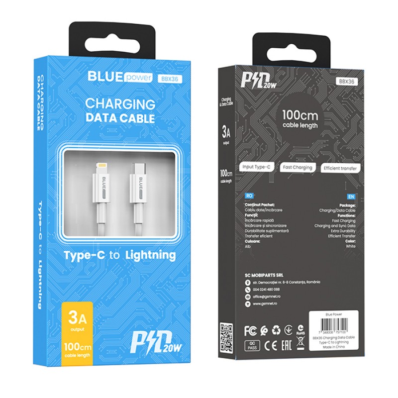 Кабел USB BLUE Power BBX36 Lightning-Type C, 1м, 3A, в кутия, Бял