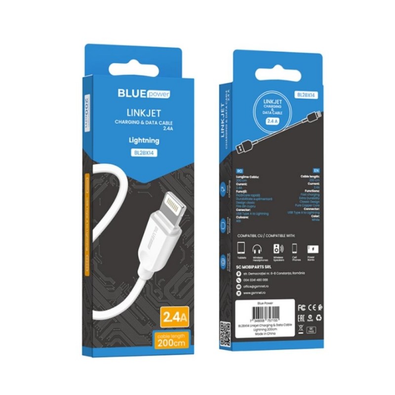 Кабел USB BLUE Power BL2BX14 LinkJet 2м в кутия 3A, Lightning, Бял