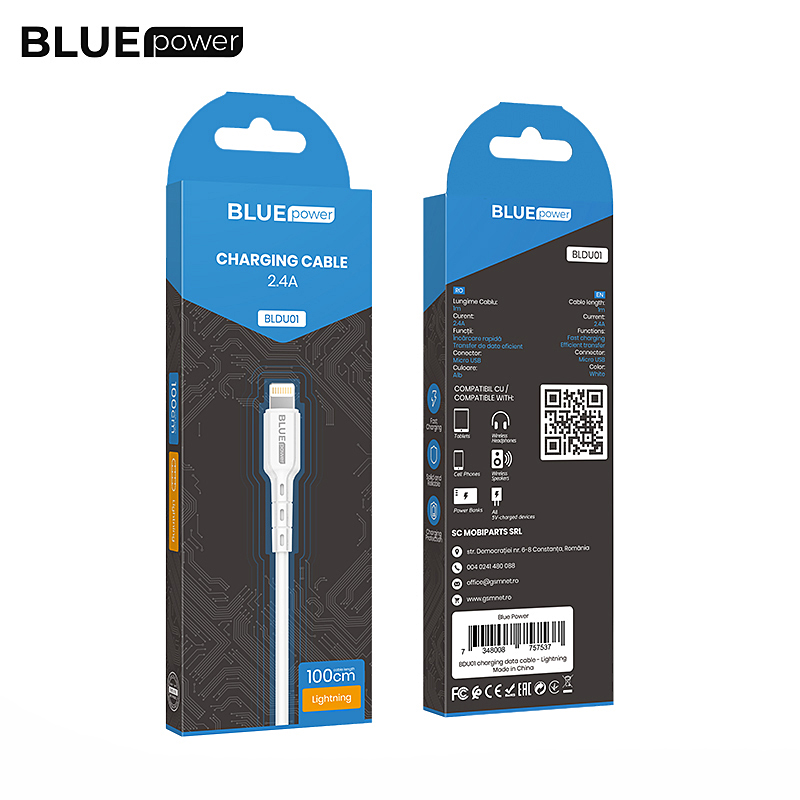 Кабел USB BLUE Power BLDU01 Novel 1м в кутия 2.4A, Lightning, Бял