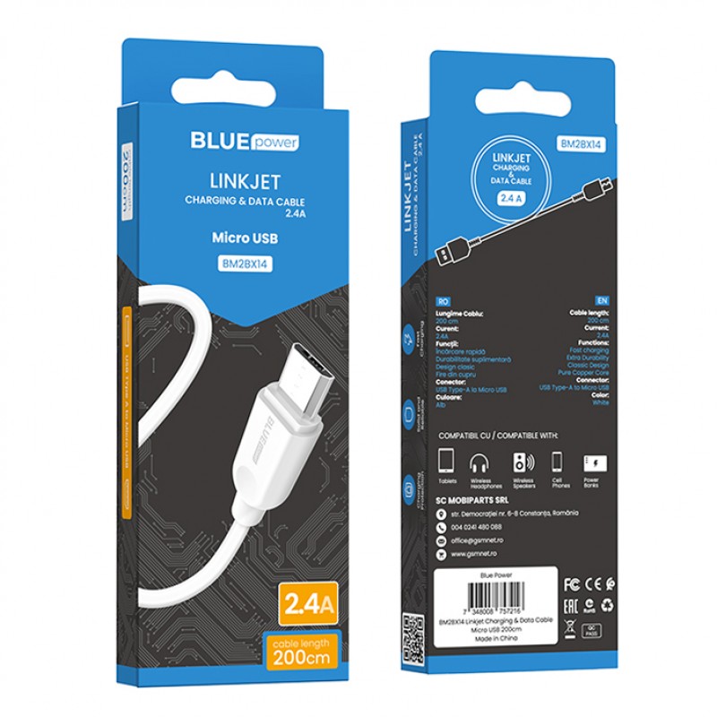 Кабел USB BLUE Power BM2BX14 LinkJet 2м в кутия 3A, Micro USB, Бял