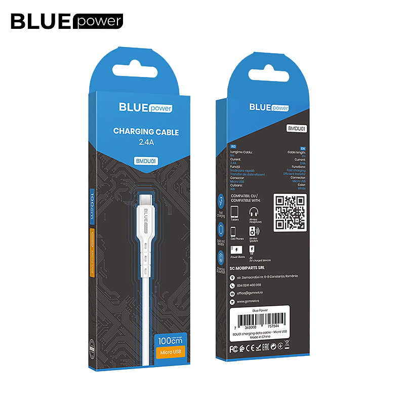 Кабел USB BLUE Power BMDU01 Novel 1м в кутия 2.4A, Micro USB, Бял