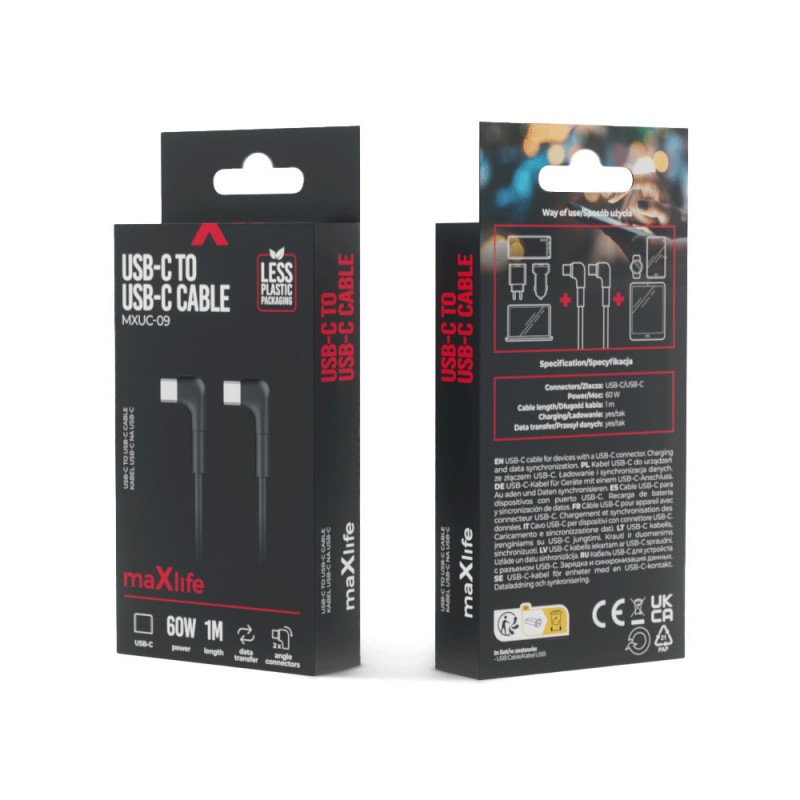 Кабел USB-C - USB-C ъглов, Maxlife MXUC-09 1м 60W, Черен