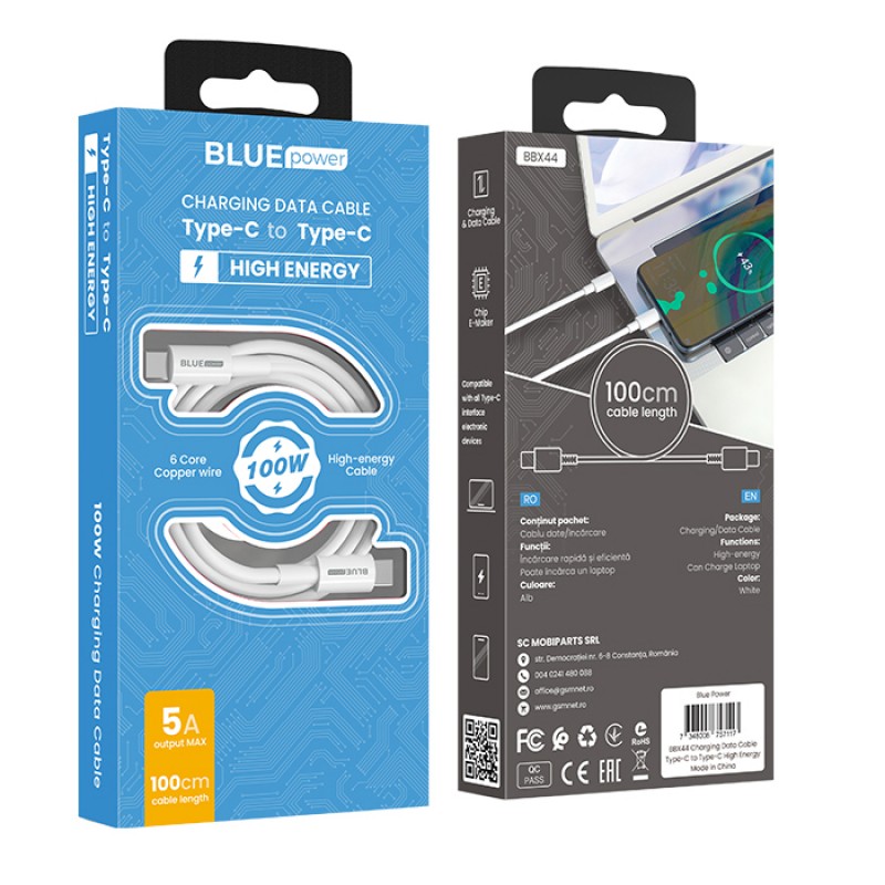 Кабел USB BLUE Power BBX44 Type C-Type C, 1м, 5A, в кутия, Бял