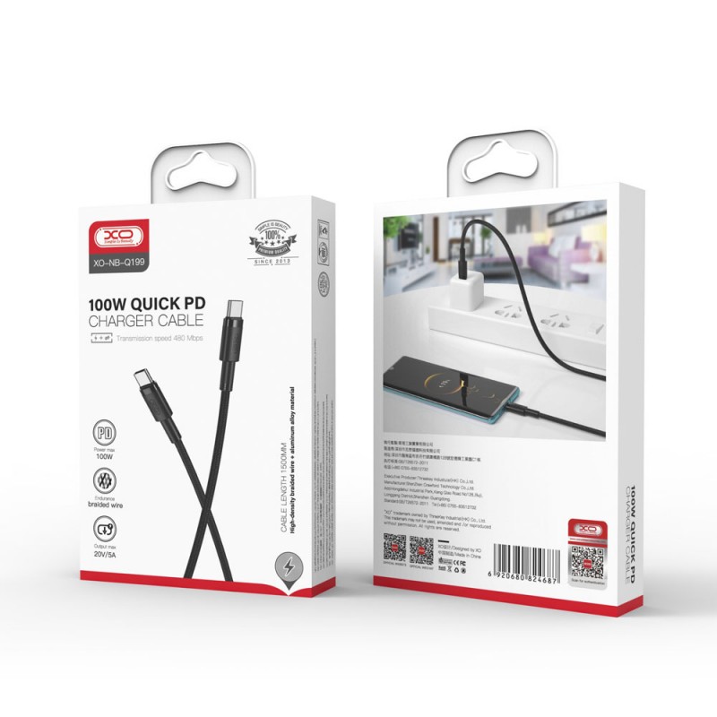 Кабел USB XO NB-Q199 плетен Type C-Type C, 1,5м в кутия 100W, Черен