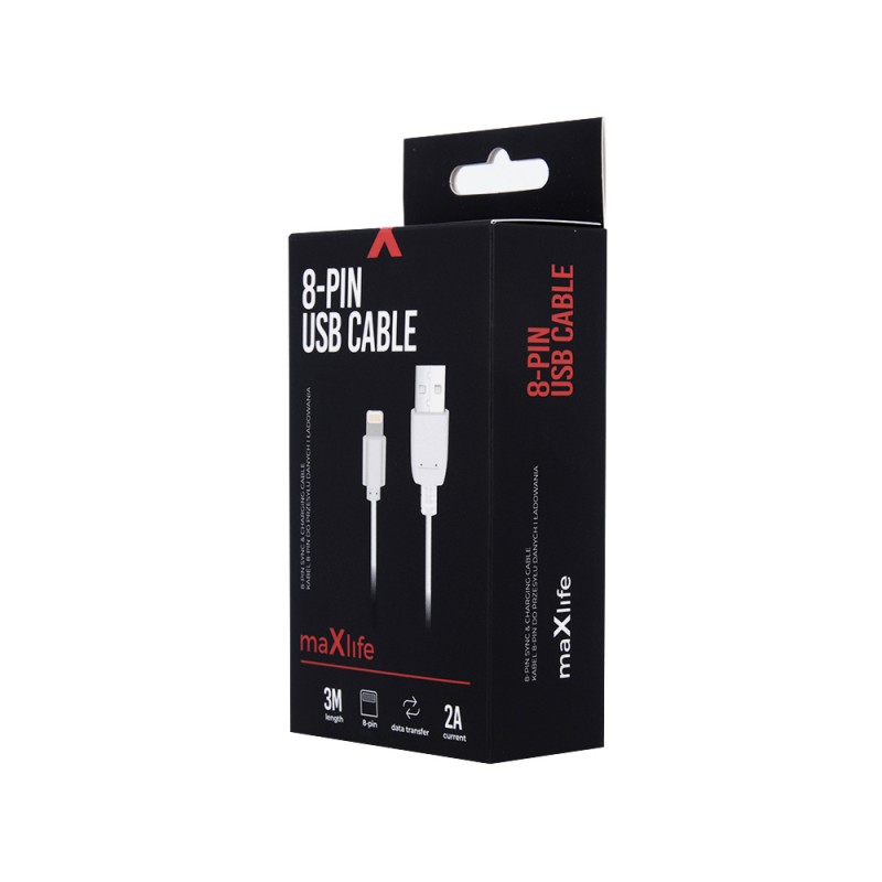 Кабел USB Maxlife 3м в кутия 2A, Lightning за iPhone, Бял