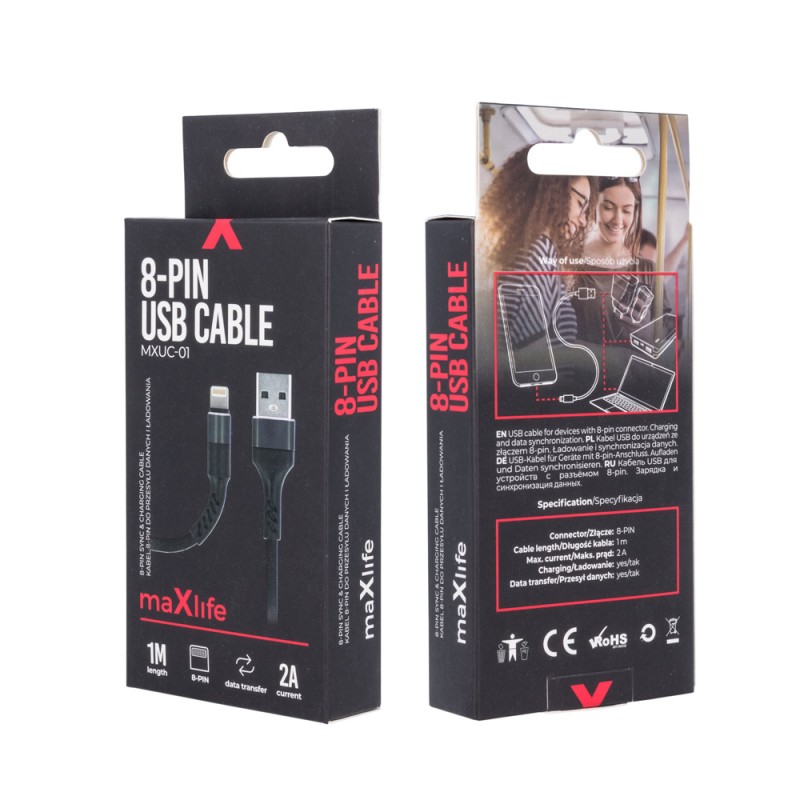 Кабел USB Maxlife MXUC-01 1м в кутия 2A плетен с подсилени конектори, Lightning за iPhone, Черен