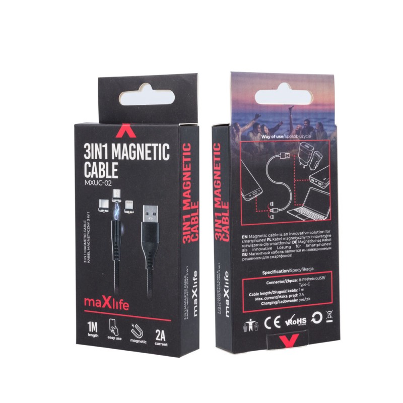 Кабел USB Maxlife MXUC-02 1м магнитен с 3 различни накрайника, 2A, Черен
