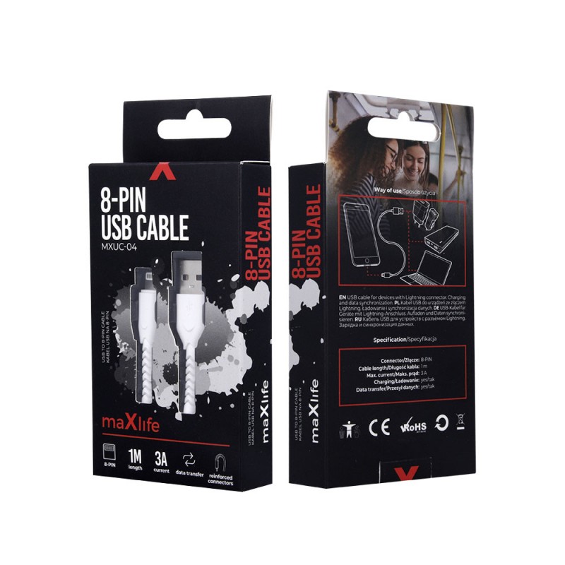 Кабел USB Maxlife MXUC-04 1м в кутия 3A с подсилени конектори, Lightning за iPhone, Бял