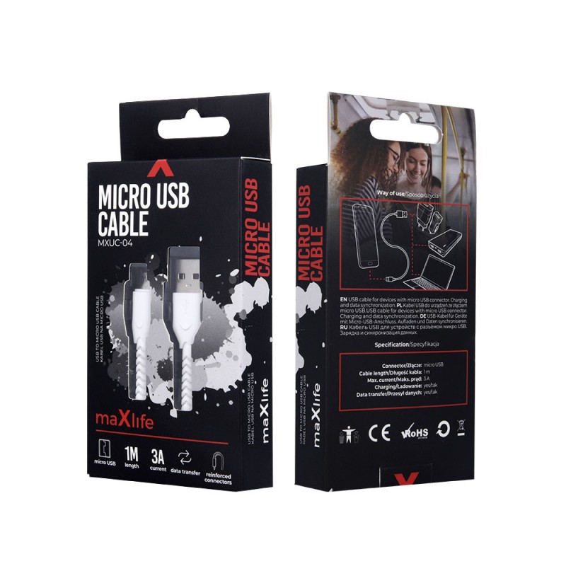 Кабел USB Maxlife MXUC-04 1м в кутия 3A с подсилени конектори, Micro USB, Бял