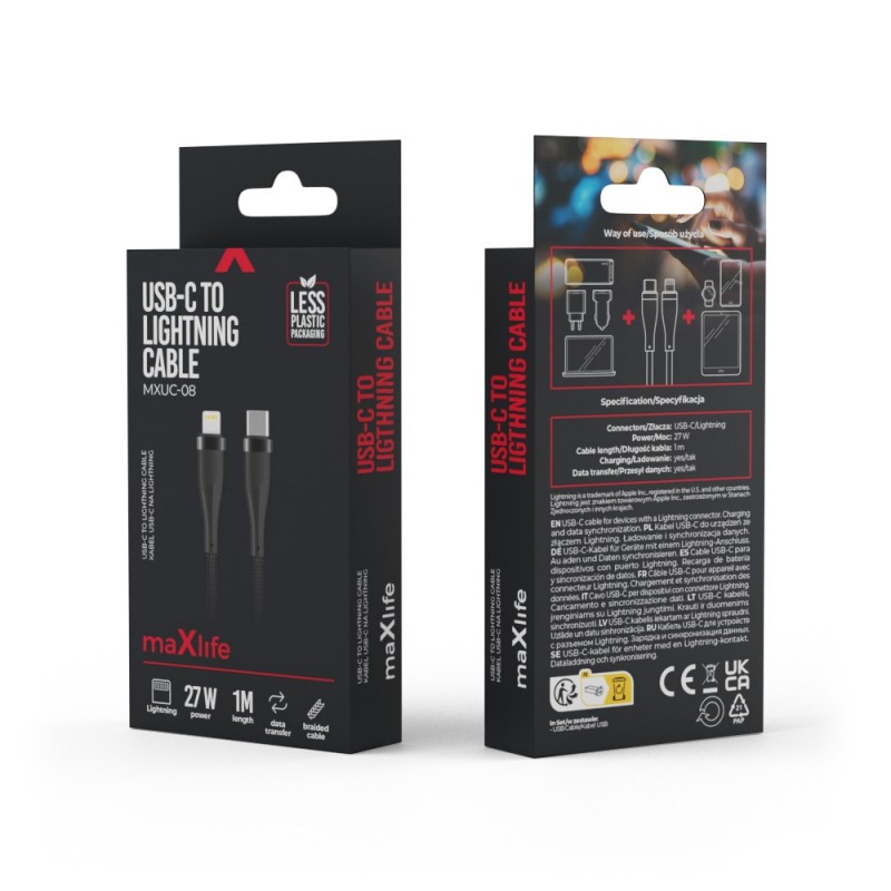 Кабел USB Type C-Lightning Maxlife MXUC-08 с найлонова оплетка, 27W 1м, в кутия , Черен
