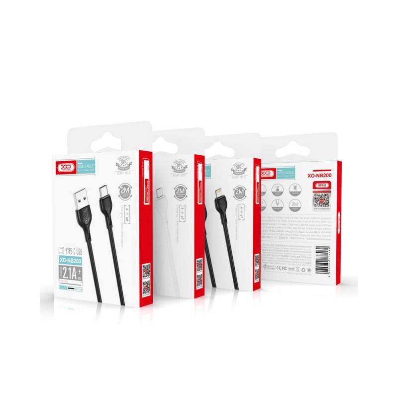 Кабел USB XO NB200 2.1A 2м в кутия, Micro USB, Черен