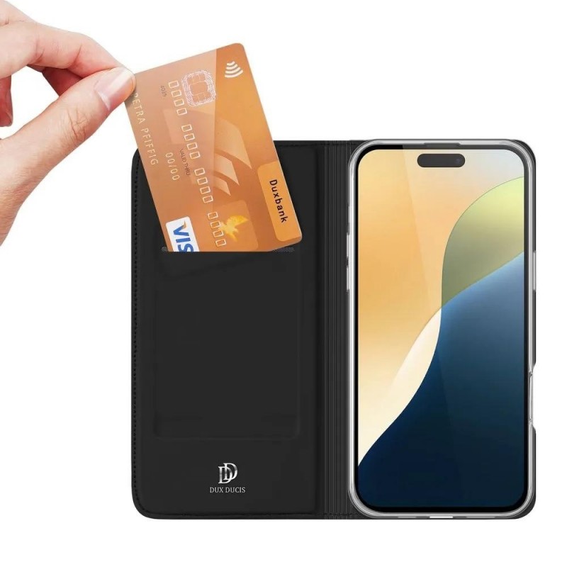 Кожен калъф тефтер Dux Ducis SKIN PRO, За iPhone 16 (6.1), Черен