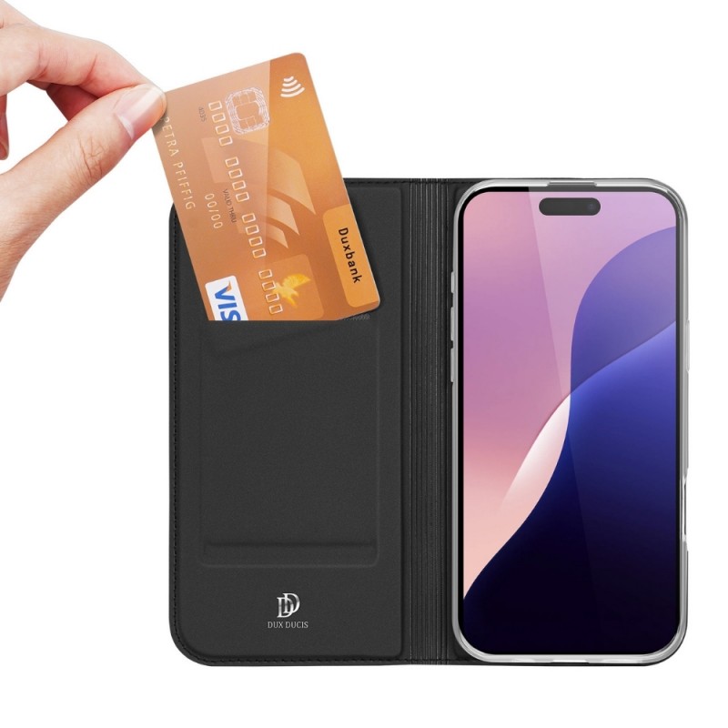 Кожен калъф тефтер Dux Ducis SKIN PRO, За iPhone 16 Pro (6.3), Черен