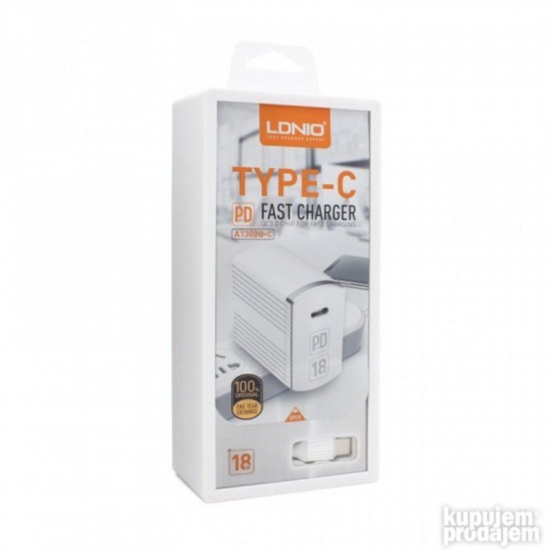 Мрежово зарядно устройство адаптер Ldnio 18W Type C, 220V, За iPhone 12 Pro, Pro Max в кутия, Бял