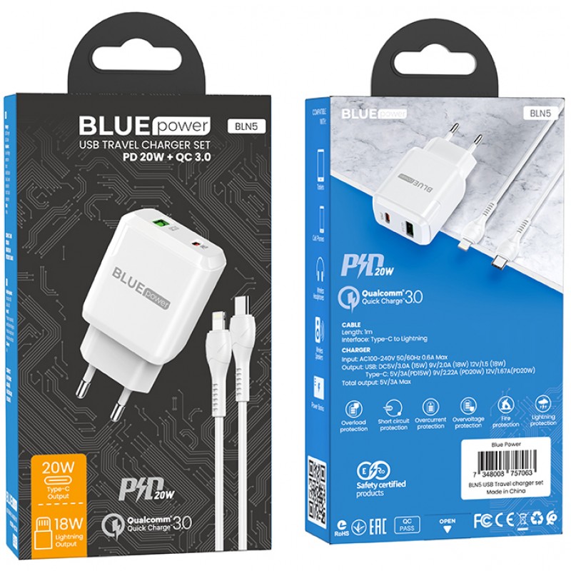 Мрежово зарядно устройство комплект BLUE Power BLN5 PD20W, QC3.0, 220V, с кабел 1м Lightning-Type C, Бял