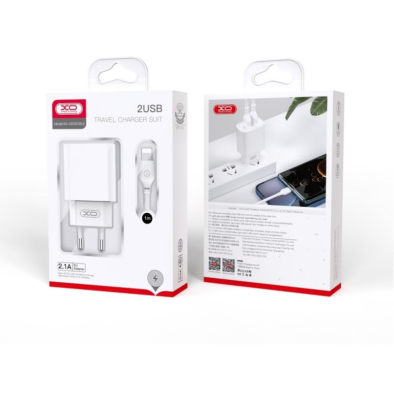 Мрежово зарядно устройство комплект XO CE02C 2x USB 2,1A + Type C кабел, Бяло