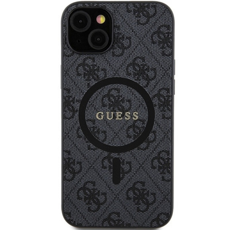 Оригинален кейс Guess 4G Collection Leather Metal Logo MagSafe, За iPhone 15 (6.1), Черен