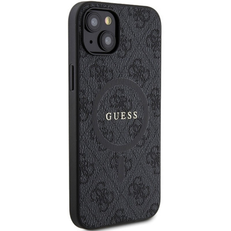 Оригинален кейс Guess 4G Collection Leather Metal Logo MagSafe, За iPhone 15 (6.1), Черен