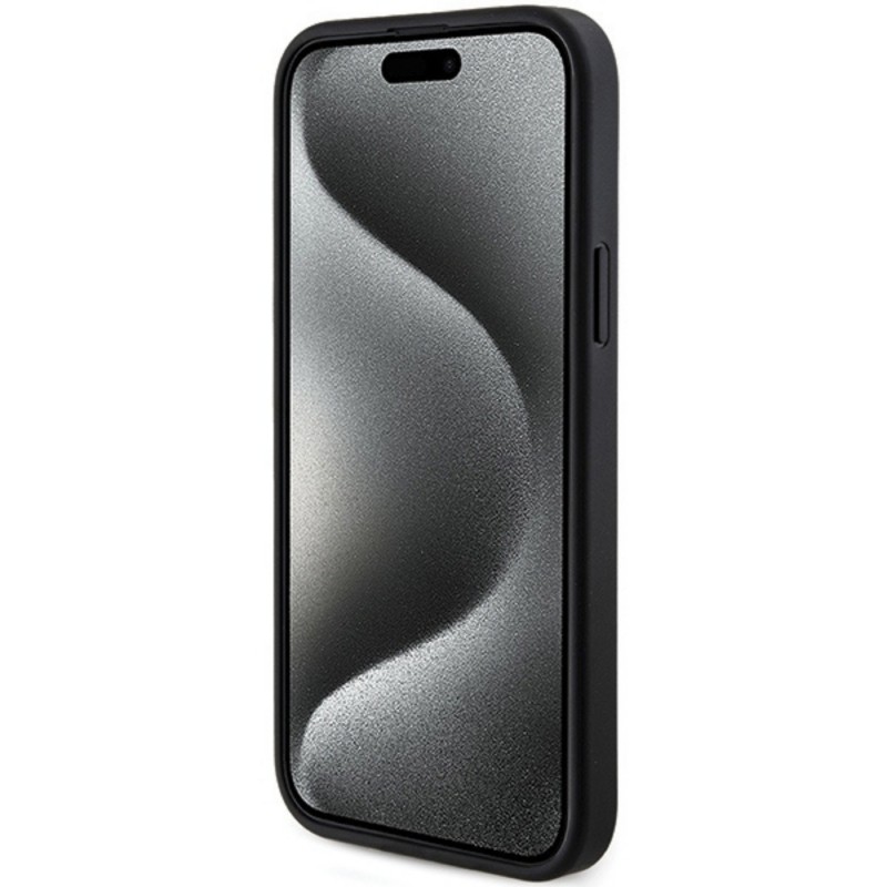 Оригинален кейс Guess 4G Collection Leather Metal Logo MagSafe, За iPhone 15 (6.1), Черен