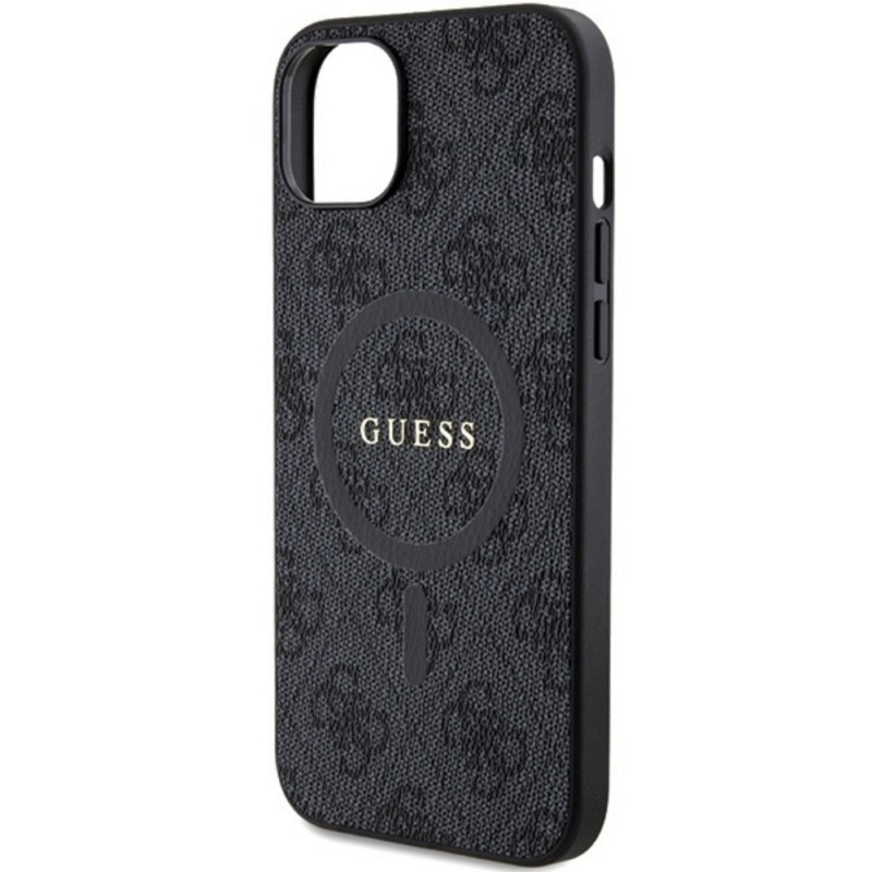 Оригинален кейс Guess 4G Collection Leather Metal Logo MagSafe, За iPhone 15 (6.1), Черен