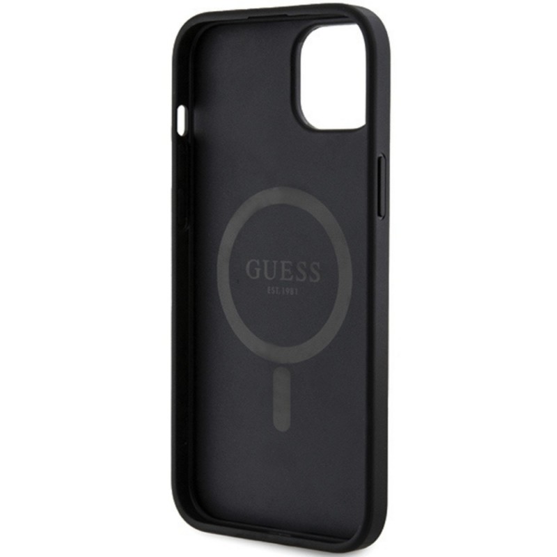 Оригинален кейс Guess 4G Collection Leather Metal Logo MagSafe, За iPhone 15 (6.1), Черен