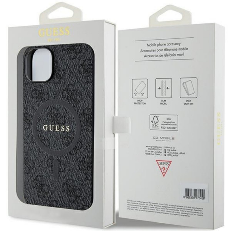 Оригинален кейс Guess 4G Collection Leather Metal Logo MagSafe, За iPhone 15 (6.1), Черен
