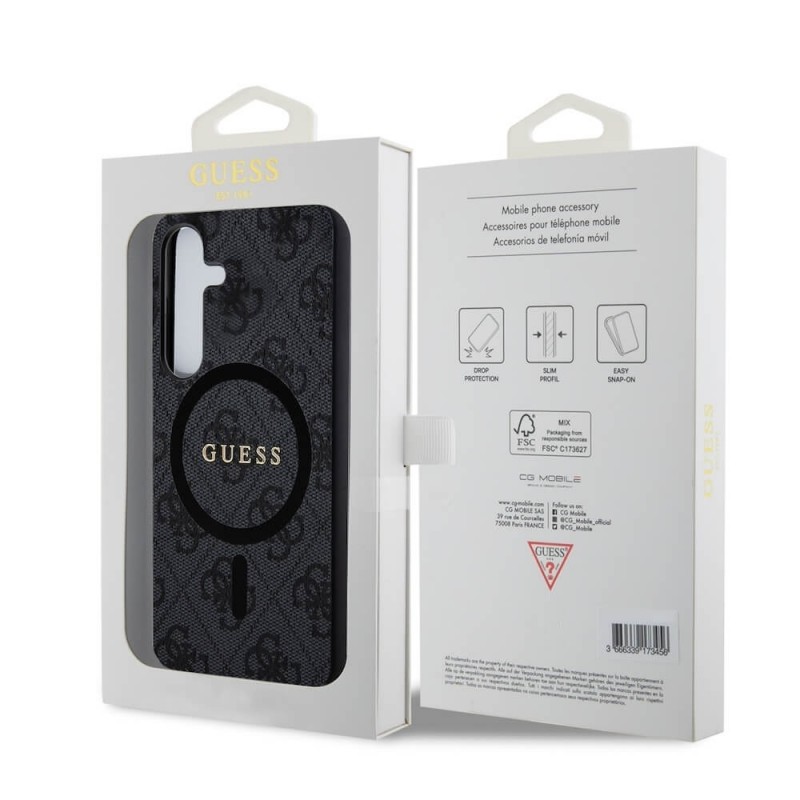 Оригинален кейс Guess 4G Collection Leather Metal Logo MagSafe, За Samsung Galaxy S24 (S921B), Черен